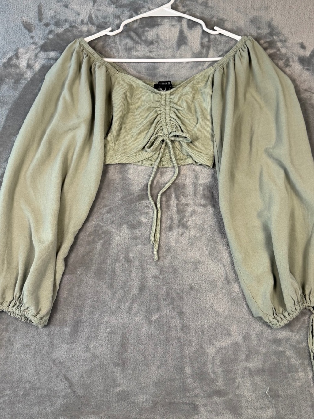 Forever 21 Sage Green Ribbed Ruched Front Crop Top Long Puff Sleeve Small
